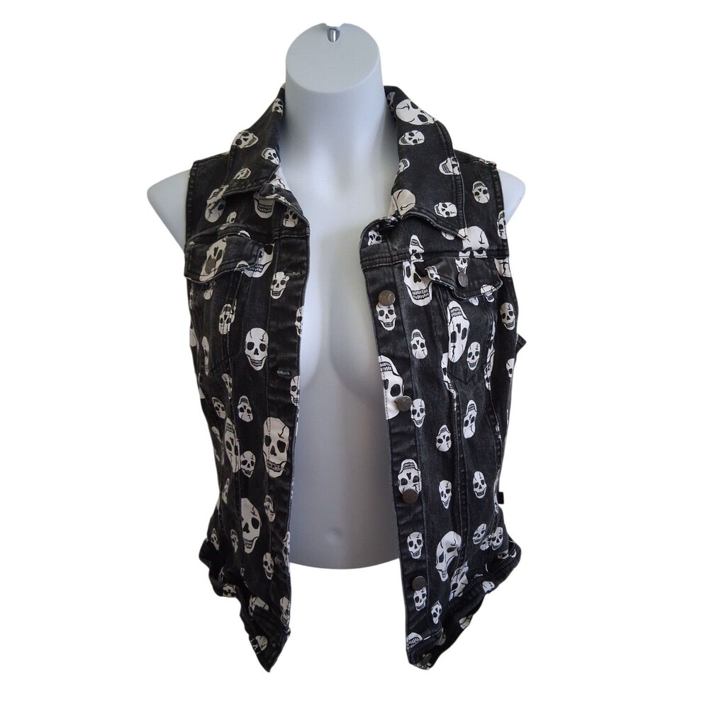 Y2K Tripp NYC Black White Skull Print Jean Vest Size L Gothic Grunge Punk - Picture 2 of 6